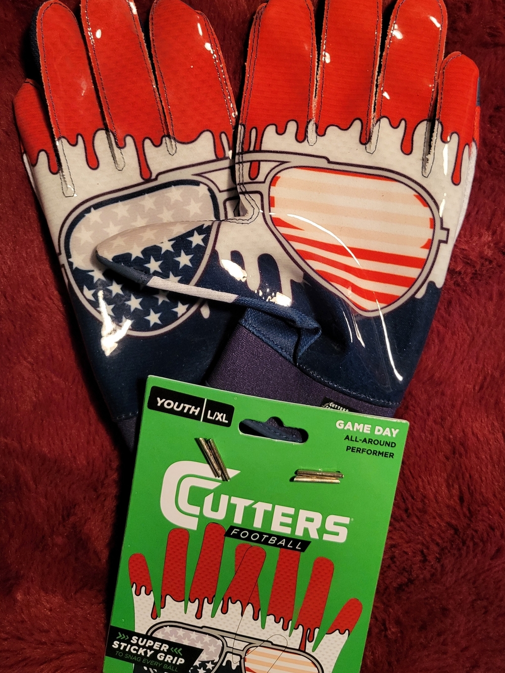 Cutters Youth Football Gloves - Red, White & Blue Sunglasses Design